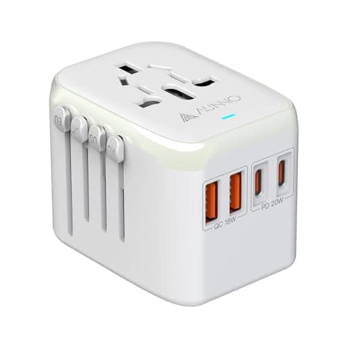 AUNNO 25W Universal Travel Adapter, Gallium Nitride Rapid Cooling Technology, Adapter with 2 USB-C and 2 USB-A Ports, Extra Two USA 2-Pin Plug, All in One Travel Adapter for Europe, UK, Australia etc