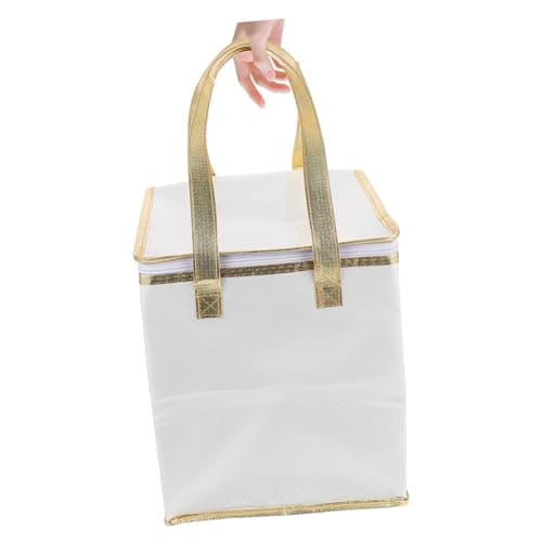RUNROTOO Insulated Cake Packing Bag 10-inch Heightened White with Gold Trim Thermal Food Storage Bag Portable Handheld Pizza Package and Fresh Food Cooler for Home and Travel