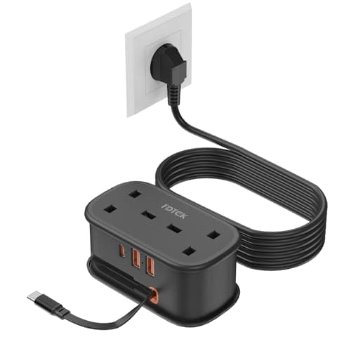 UK to European Plug Adapter with 1.5M Extension Cable,FDTEK 2 Way Travel Extension Lead with 3 USB Slots & Retractable USB C Cable, Type E/F Travel Adapter for Germany France Spain Greece etc