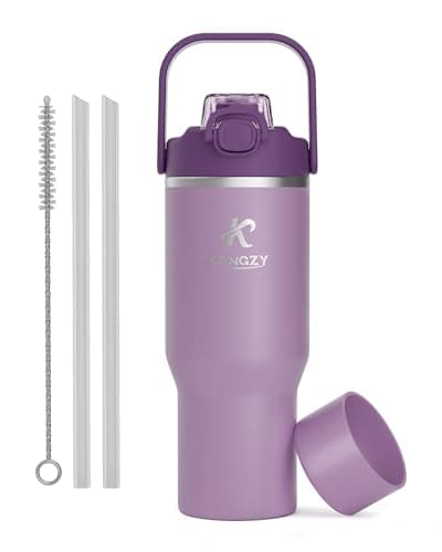 KANGZY Metal Water Bottle with Straw 1L/32oz – Vacuum Insulated Stainless Steel Flask, 2-in-1 Straw & Spout Lid, BPA-Free Leak-Proof Tumbler, Keeps Drinks Hot 8H+ / Cold 24H for Work, Travel Purple