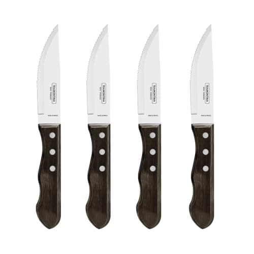 Tramontina 5” Jumbo Steak Knives, Sharp Knife with Wooden Handle, Camping, Kitchen, Rustic, Dishwasher Safe (4 Pcs Knife Set)