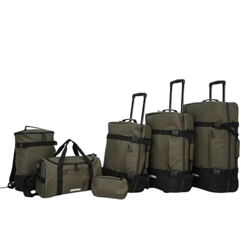 Hodge & Hodge Safari 6-Piece Luggage Set Soft-Shell Olive Green Water-Repellent PU Telescopic Handles Inline Wheels Backpack Duffle Wash Bag Lightweight Durable Organised Travel Suitcases