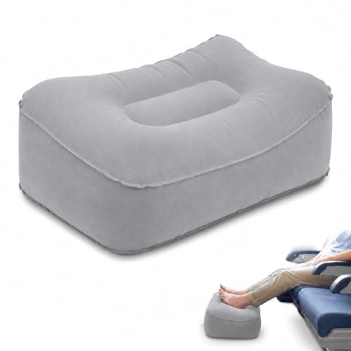 Inflatable Foot Rest Pillow, Flocking PVC Travel Cushion, Portable Foldable Grey Leg Support for Plane Office Car, Reduces Leg Fatigue on Long Trips