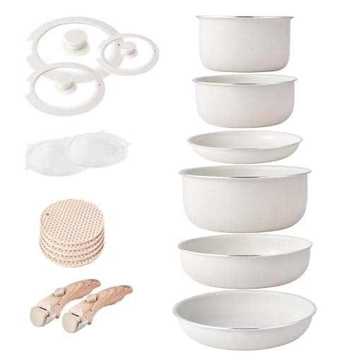 RIOVARM Induction Pots and Pans Set with Lids Non Stick Cookware Set with Detachable Handles Granite Coated Pot & Pan Sets with Removable Handles Stackable Kitchen Cookware Camping Pan Set PFOA Free