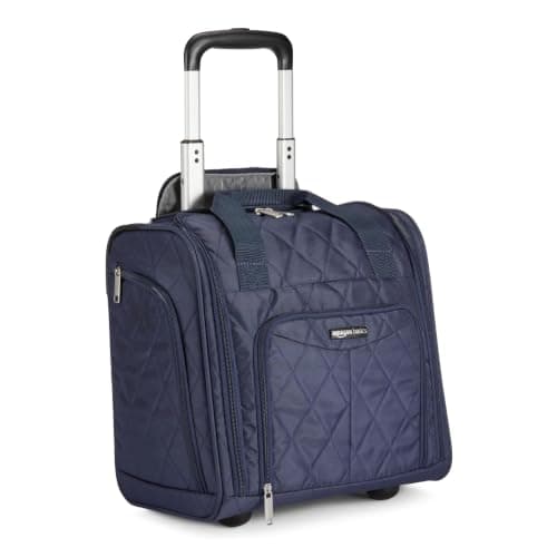 Amazon Basics Underseat Travel Luggage/Suitcase with Telescopic Handle and 2 in-line Skate Wheels - 35.5 cm, Navy Blue Quilted