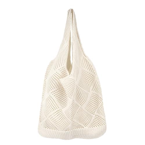 AEYURUID Crochet Beach Bag for Women Large Foldable Lightweight Mesh Tote Knit Summer Vacation Boho Bag Holiday Beach Tote (Beige)