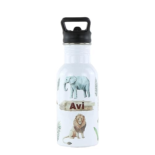 cribstar Personalised Kids Water Bottle - Stainless Steel - BPA Free - Leak Proof - Perfect for School, Sports, Holidays, Travel or anywhere. (Safari 2)