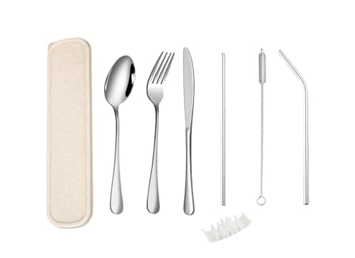 QZLSAYSL 8-Piece Travel Cutlery Set, Reusable Stainless Steel Flatware with Storage Box, Suitable for School, Travel, Camping (Beige)