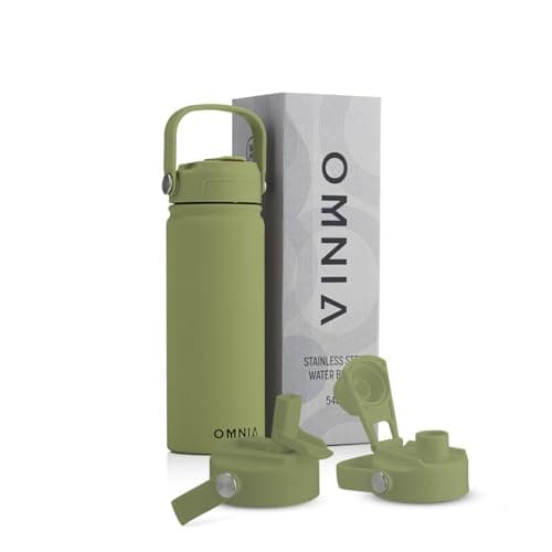 OMNIA NUTRIENTS Vacuum Insulated Stainless Steel Water Bottle, 2 Lids (Straw & Spout) Leakproof, BPA-Free, Reusable Flask Ideal for Travel and Outdoors (Olive Green - 540 ml)