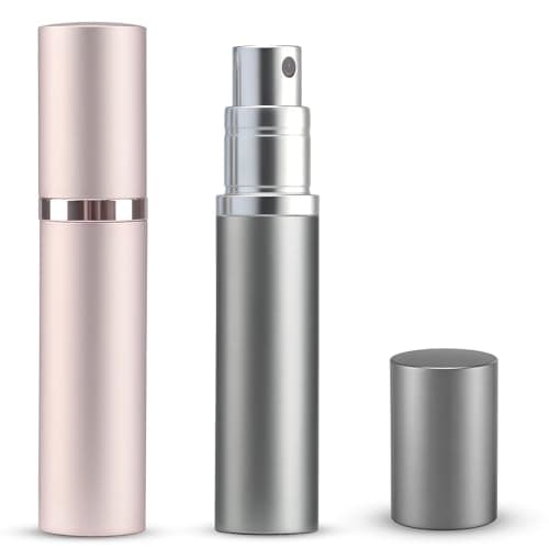 TonJin 2 PCS 5ml Travel Perfume Atomiser Refillable, Small Portable Empty Spray Bottle, Leakproof & Easy To Refill Perfume Decanter Cologne Dispenser for Women and Men(Grey & Pink)