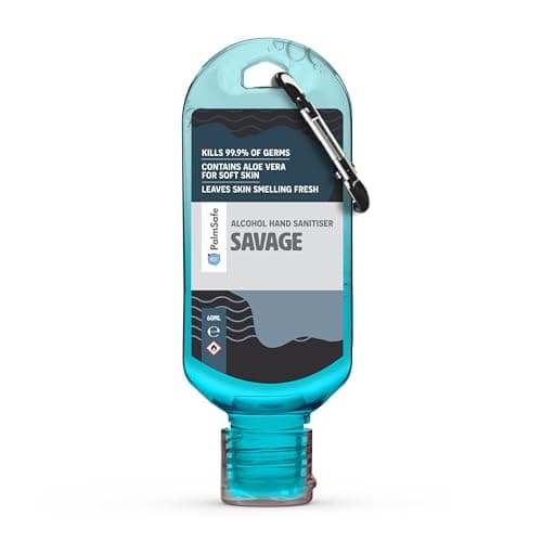 Palm Safe Savage 60ml Anti Bacterial Premium Hand Sanitiser Travel Size Refillable Clip Bottle Quick Drying Non Sticky Extra Moisturising Kills 99.9% of Viruses and Bacteria