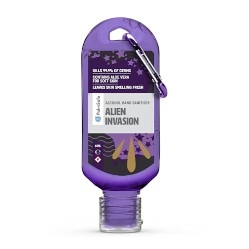 Palm Safe Alien Invasion 60ml Anti Bacterial Premium Hand Sanitiser Travel Size Refillable Clip Bottle Quick Drying Non Sticky Extra Moisturising Kills 99.9% of Viruses