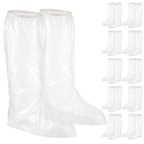 Aihoom 10 Pairs Waterproof Shoe Covers Boot Covers, Long Disposable Non-Slip Waterproof Boot Covers, Thickened Overshoes Shoe Rain Protector Covers for Men and Women (Transparent)