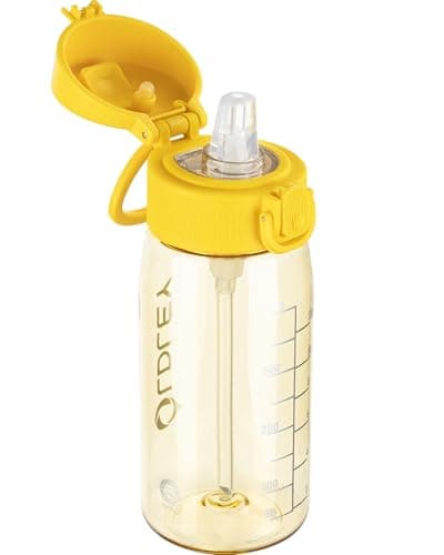 OLDLEY Kids Water Bottles with Straw 420ml/14oz Leakproof Tritan Water Bottle for School with Handle BPA Free Time Marker Sports Drinking Bottle for Boys Girls (Yellow)
