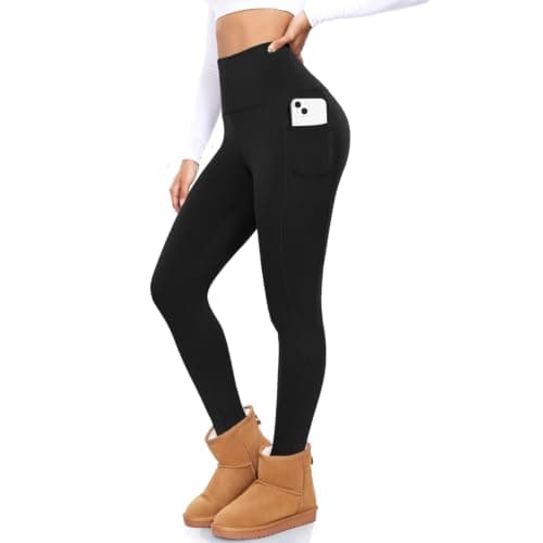 BLONGW Women's Fleece Lined Leggings High Waist Thermal Black with Pockets, Ladies Winter Warm Fur Lined Stretchy Yoga Pants Tights