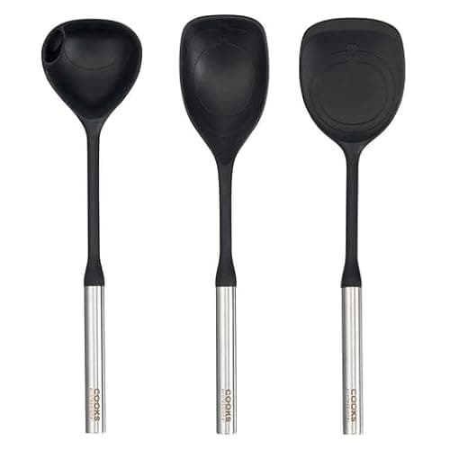 Cooks Professional 3 Piece Silicone Utensil Set with Stainless Steel Handles | BPA-Free Scratch-Resistant Serving Spoon, Rounded Turner & Ladle | Strong Kitchen Cooking Tools | Black & Silver