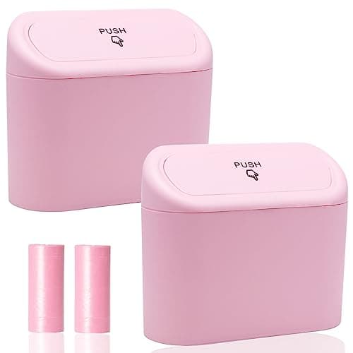 SGLRT Car Bin with Lid - 2 Packs Mini Leakproof Car Trash Can with 40pcs Trash Bags - Vehicle Garbage Can Organizer and Storage for Front Back Seat Accessories for Auto Office Bedroom Home(Pink)