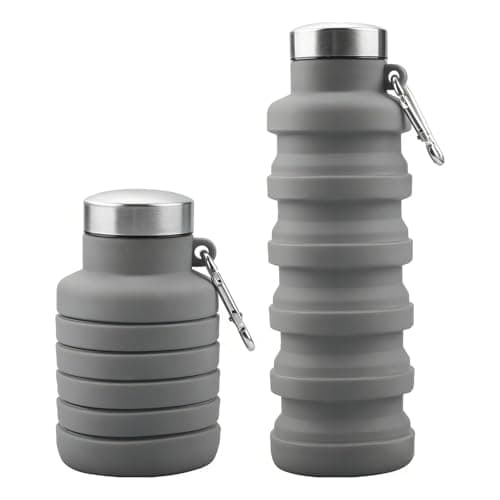 Gaomumu 500ML Collapsible Water Bottle, Silicone Travel Tumbler with Leakproof Cap, Foldable Gym Bottle with Carabiner Clip for Outdoor Sports, Hiking, Camping, Travel(Grey)
