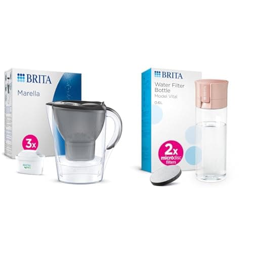 BRITA Marella Water Filter Jug Graphite (2.4L) Starter Pack incl. 3x MAXTRA PRO All-in-1 cartridge & Water Filter Bottle Apricot (600ml) - portable water filtration bottle for hydration