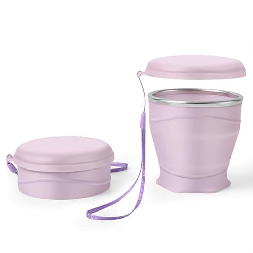Bidponds 260 ml Foldable Silicone Cup with Lid, BPA-Free, 304 Stainless Steel Rim, Portable Cup for Travel, Camping, Hiking, Outdoor Sports (Light Purple)