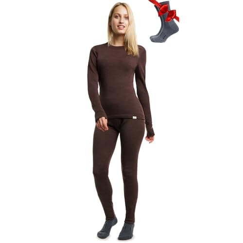 100% Merino Wool Base Layer Womens Set - Thermal Underwear Womens + Socks (Small, 250 Chocolate)