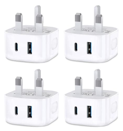 USB C Fast Charge Plug,4 Pack Dual Port USB A and USBC Charger Plugs Adaptor UK Wall Charge for iPhone 17 Pro Max 16e 16 Plus Pro Max 15 14 13 12 11 SE Watch iPad Pro Mini Air,Type-C Ports Charging
