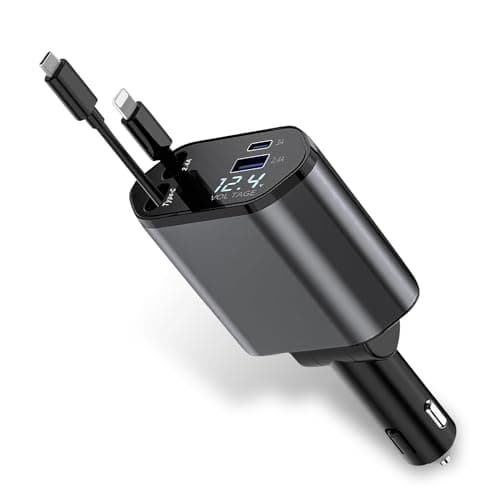 Retractable Car Charger, 4-in-1 Car Phone Charger 120W Fast Charge with 2 Retractable Cables and 2 USB Ports, Dual USB Ports Car Cigarette Lighter Adapter for Phone, Tablets, Multifunctional