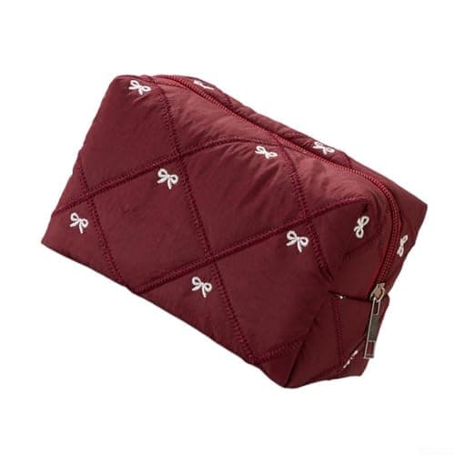 PureBowlic Chic Bow Quilted Travel Makeup Bag For Women, Spacious Polyester Cosmetic Organizer For Stylish Design, Portable Toiletry Storage Pouch,For Beauty Products And Daily Use(Red Bow)