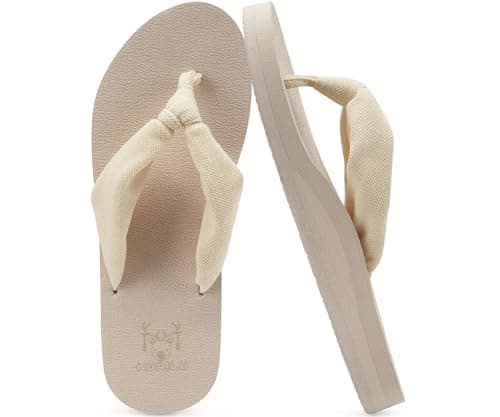 KuaiLu Flip Flops Women Fabric Arch Support Sandals Beach Thong Beige 6