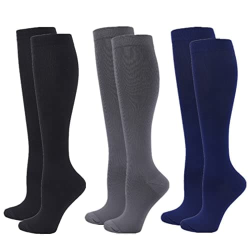 Zingso Compression Socks for Women Men, 3 Pairs 20-25mmHg Flight Socks Compression Stockings for Sport, Athletic, Edema, Diabetic, Varicose Veins, Travel, Pregnancy, Nursing (XXL, Black Blue Grey)