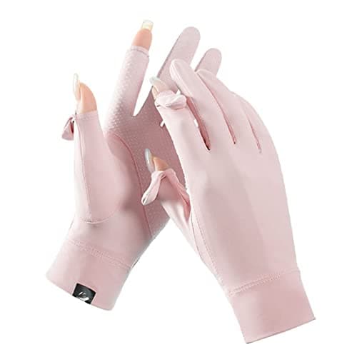Antcher Women's UV Sun Protection Silk Sunblock Fingerless Gloves - Full Finger Touchscreen Non Slip Hiking Cycling Golf Fishing Gloves (Pink)