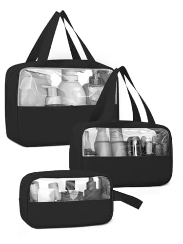 Laxee Clear Toiletry Bag 3 Pcs for Women Men, Large PVC Waterproof Wash Bag with Zip and Handle, TSA Approved Travel Toiletry Bags, Portable Cosmetic Bags Makeup Bag for Travel Business Holiday(Black)
