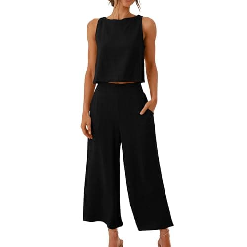 NSICBMNO Black Co Ord Sets For Women 2 Piece Linen Travel Outfit Cropped Tank Tops Y2K Wide Leg Trousers Summer Outfits Lounge Sets Sleeveless Crop Tops Palazzo Pants Casual Tracksuits With Pockets