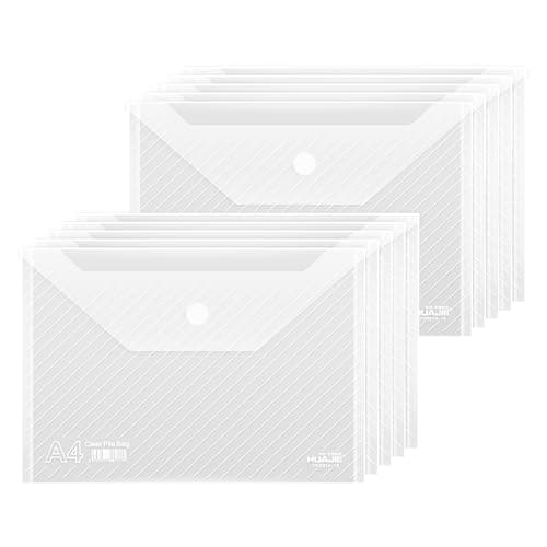 WORPSON 10 Pack, Plastic Envelopes – Transparent Heavyweight Waterproof Reusable File Folders for A4 Letter Sized Documents, Receipts, Photos & Office/School Use (10)