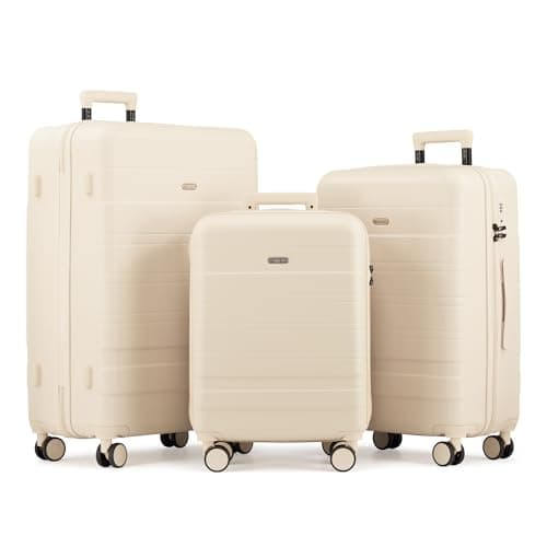 VonHaus Suitcase Set - Cream Luggage Set for Travel - 3 Piece Lightweight ABS Hard Shell Suitcases - Telescopic Handle & Double Spinner Wheels - TSA Lock & Anti-Theft Zip - Large, Medium & Cabin Bag