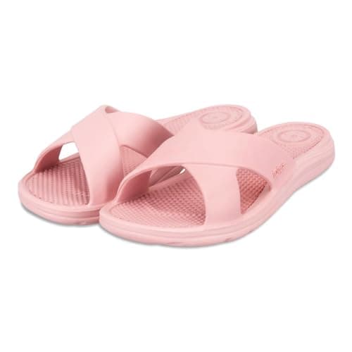 totes® ® SOLBOUNCE Ladies Cross Strap Slider Sandals, Lightweight Summer Slides with Everywear™ Cushioning, Anti-Bacterial Sole, Compression-Resistant Insole, Holiday Footwear, Pink, UK 6