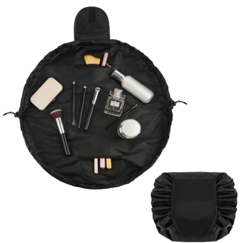 URAQT Lay Flat Drawstring Makeup Bag, Large-Capacity Travel Cosmetic Pouch, Portable Quick Pack Lazy Drawstring Make Up Bag for Daily Use, Magic Cosmetic Bag with Small Pocket for Women, Black