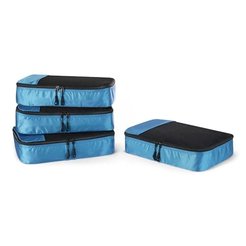 Amazon Essentials 4-Piece Packing Cubes Travel Accessories Set, Luggage Organiser with Double Zip, Mesh Top, Polyester, Medium, Sky Blue (Previously Amazon Basics)