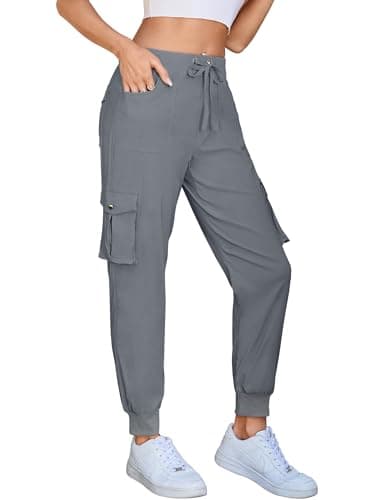 Hormtaer Women's Cargo Joggers Walking Trousers Lightweight Quick Dry Hiking Multi Pants Casual Outdoor Travel Gym Athletic Workout (B Grey, L)