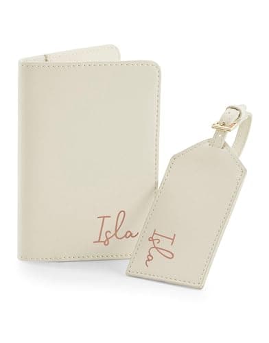 eBuyGB Personalised Named Passport Holder & Luggage Tag Travel Set, Travel Gift, PU Leather Suitcase Tag & Passport Covers (Oyster)