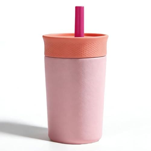 ZHUIYIWIN Insulated Stainless Steel Tumbler 12oz with Silicone Straw Lid, Leakproof Travel Coffee Cup, Double Wall Vacuum Insulated Tumbler for Hot & Cold Drinks, Reusable Car & Desk Cup (Pink)