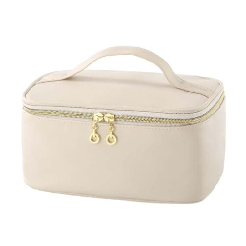 Large Makeup Bag with Compartments for Women, Beige Travel Cosmetic Pouch, Portable Toiletry Organizer Case for Skincare and Beauty Essentials