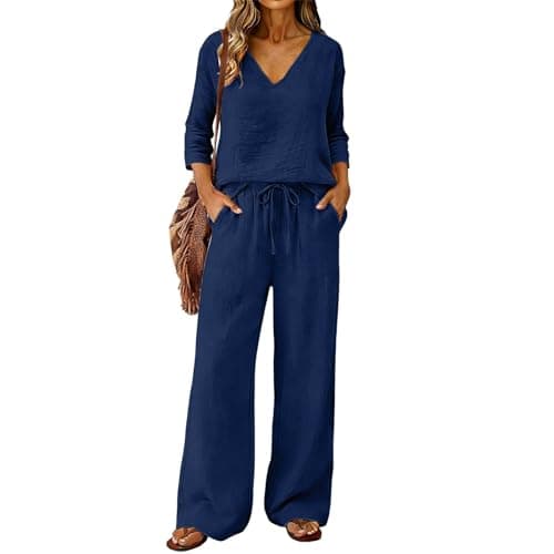 Smart Airport Outfits for Women 2026 Two Piece Linen Sets for Women UK Plus Size Spring Summer Work Outfits 3/4 Sleeve V-Neck Henley Tops Wide Leg Drawstring Palazzo Pants Lounge Wear Set