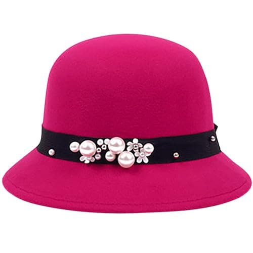 Wool Hat and Winter, Korean Version of British Retro Wool Sunscreen Fishing Hat, European and American Dome Cylinder Hat Stylish, Hot Pink, One Size