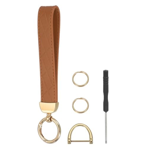 sourcing map Leather Wristlet Keychain Car Key Chain Wristlet for Women, 7 Inch Key Fob Holder with D Ring and 2 Key Ring for Keys Wallets Purse, Gold Tone/Brown