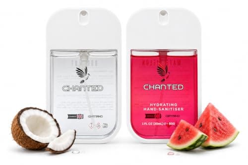 Chanted,Powr Mist,Hydrating Hand Sanitizer Spray,Small Hand Sanitiser,Mini Travel Essentials,Hand Spray,Hand Sanitiser, Tropical Duo (Coconut, Watermelon) 30mL (Set of 2)