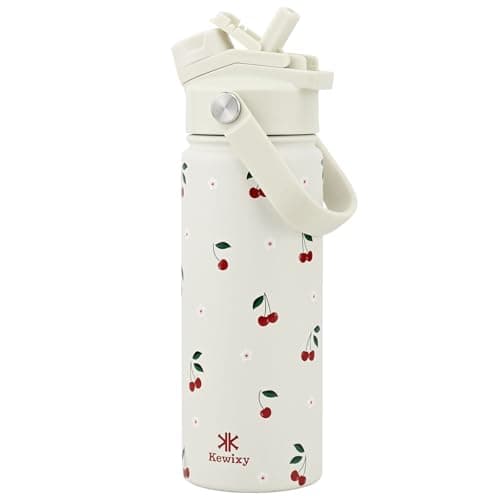KEWIXY Stainless Steel Water Bottle 500 ml/18 oz, 2-in-1 Lid, Insulated Water Bottle with Straw, Leak Proof, Carry Handle, Fits Cup Holders, for Sports, Gym, Work (Cream Cherry1)