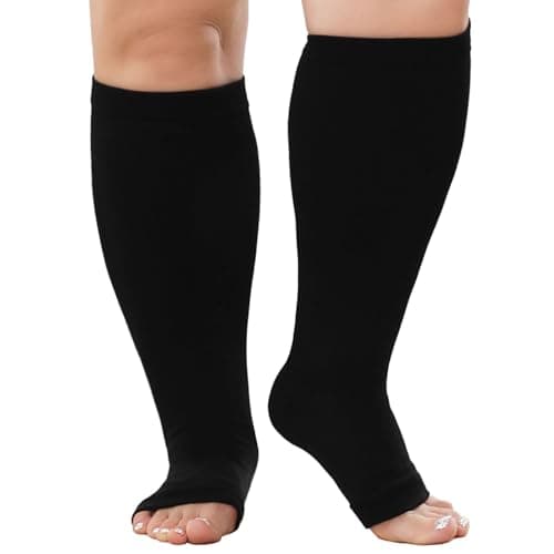 PUTUO Plus Size Compression Socks: Wide Calf Graduated Compression Stockings Men Women Open Toe Extra Large Compression Sock for Support Flight Travel Pregnancy Nurses 20-30 mmHg Black 7XL 1Pairs