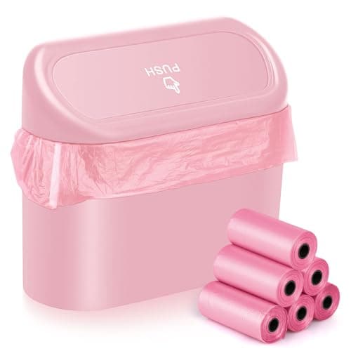 1 Pcs Pink Car Accessories Mini Car Bin Pink with Lid & 100 Pcs Trash Bags