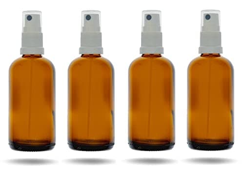 Avalon 100ml Amber Glass Bottles with White Atomiser Spray ~ Pack of 4 ~ Refillable, Reusable, and Travel Sized ~ Perfect for Aromatherapy, Perfumes, Essential Oils, Aftershaves, and More